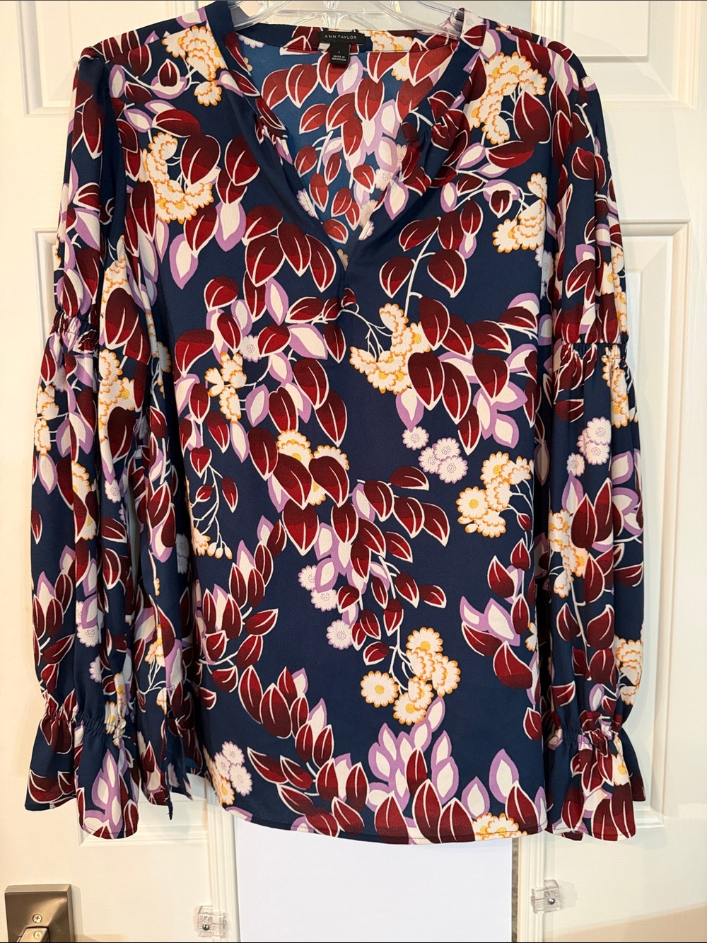 Ann Taylor Navy Floral V-Neck Blouse with Burgundy & Lavender Leaves